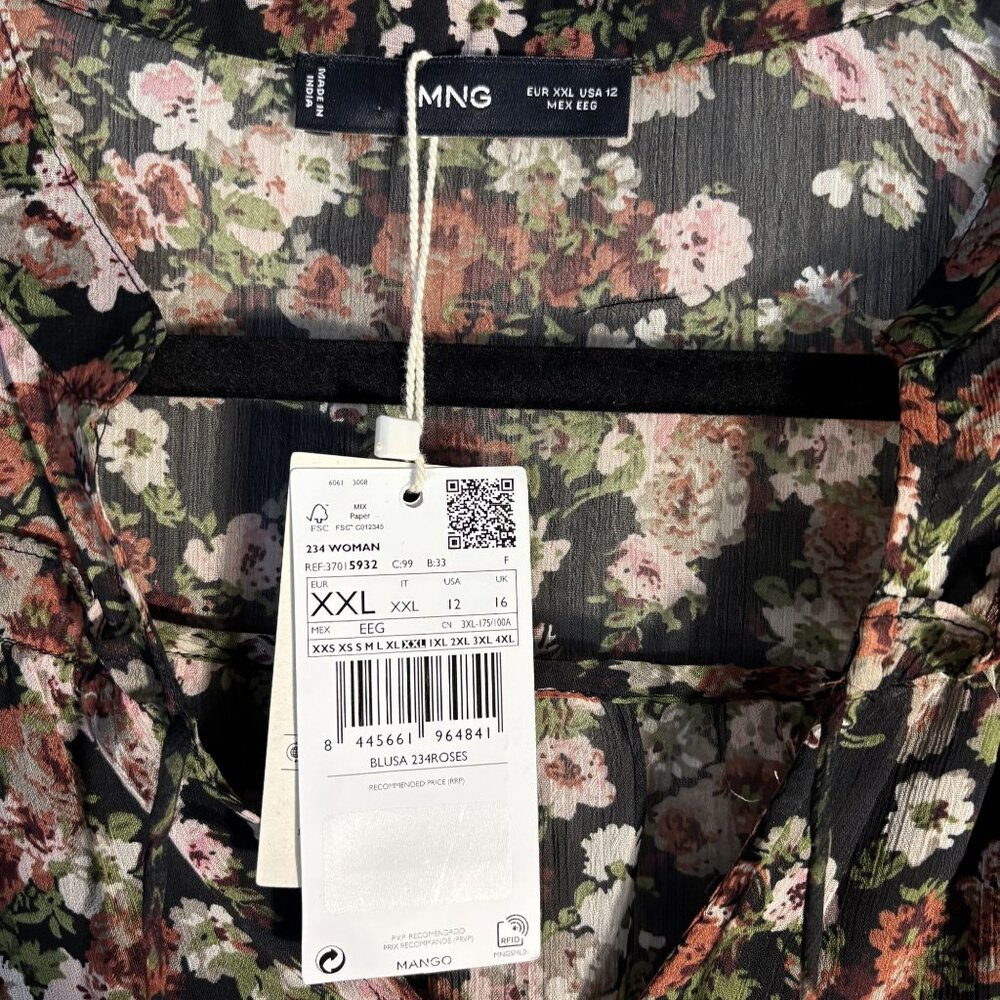 Mango Floral Print Sheer Blouse US 12 Black Multicolor Long Sleeve Lightweight - Picture 4 of 12